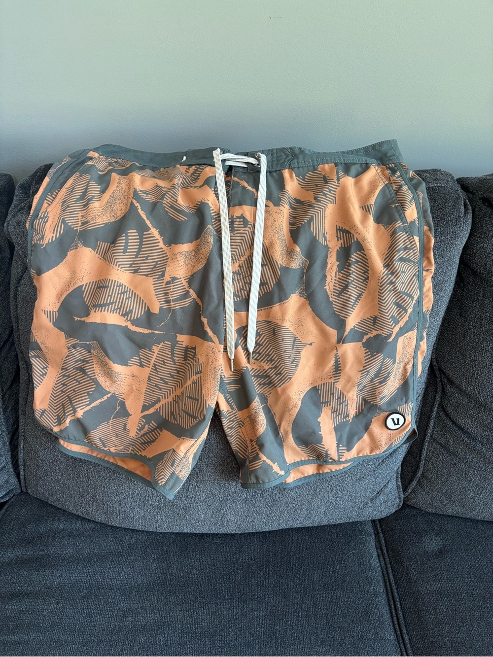 Vuori Men's Gray and Orange Patterned Athletic Shorts